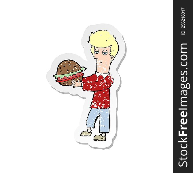 retro distressed sticker of a cartoon man eating burger