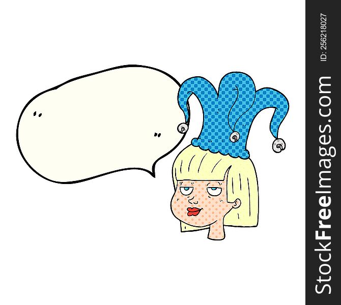 freehand drawn comic book speech bubble cartoon female face with jester hat. freehand drawn comic book speech bubble cartoon female face with jester hat