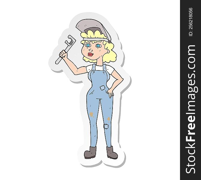 sticker of a cartoon capable woman with wrench