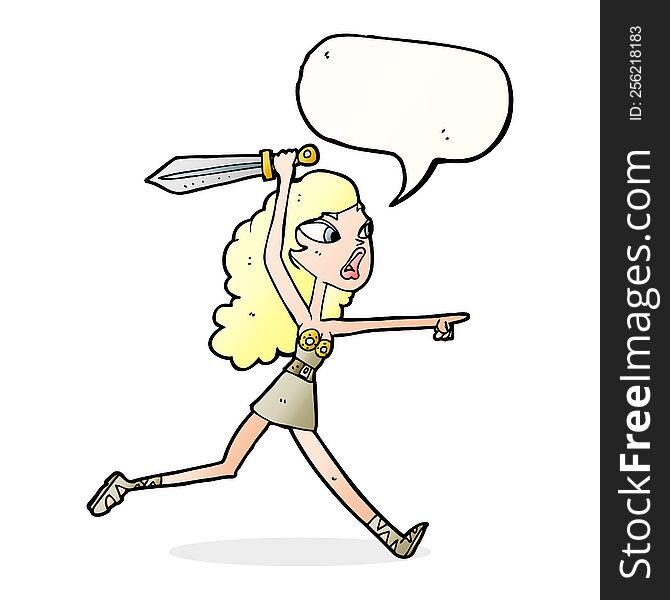 Cartoon Viking Girl With Sword With Speech Bubble