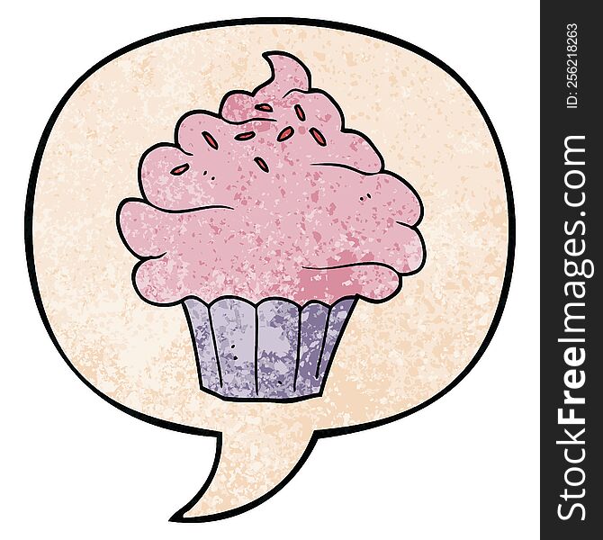 Cartoon Cupcake And Speech Bubble In Retro Texture Style