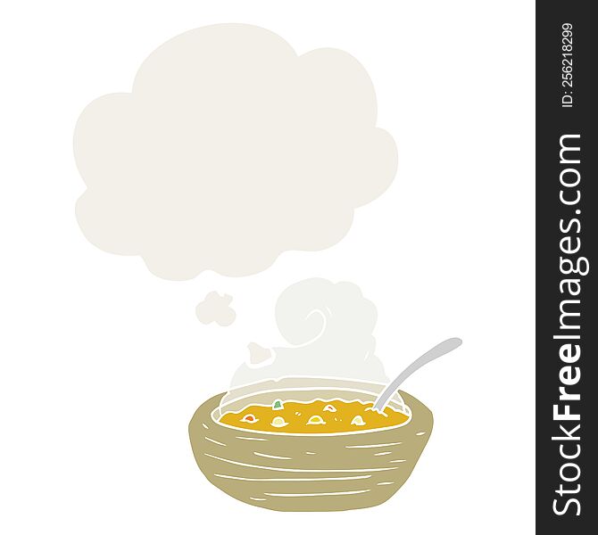 cartoon bowl of hot soup with thought bubble in retro style