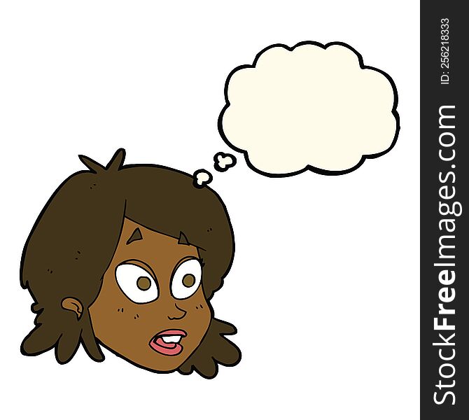 cartoon female face with surprised expression with thought bubble