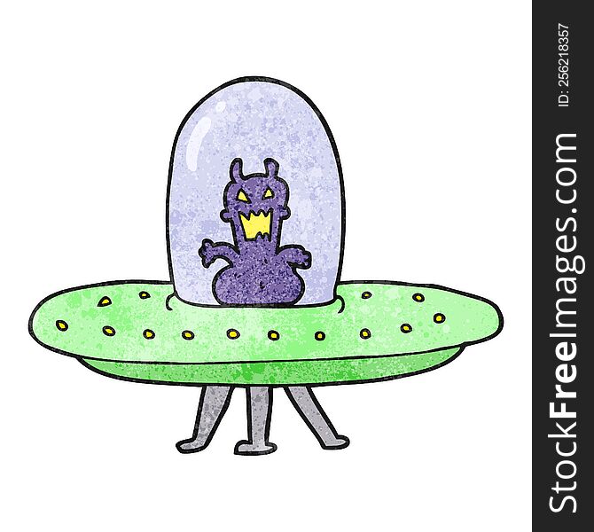 freehand textured cartoon alien in flying saucer