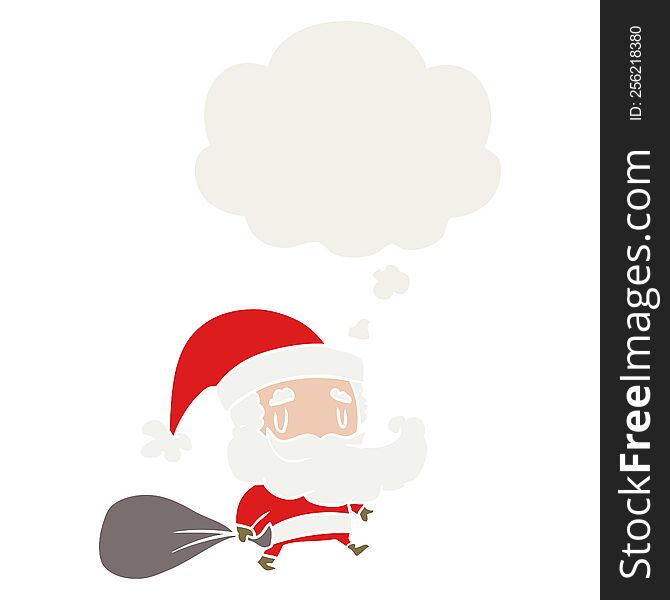 cartoon santa claus with sack with thought bubble in retro style