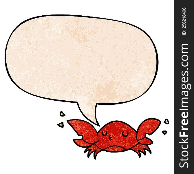 cartoon crab with speech bubble in retro texture style