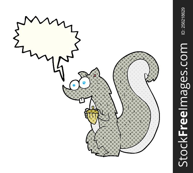 freehand drawn comic book speech bubble cartoon squirrel with nut