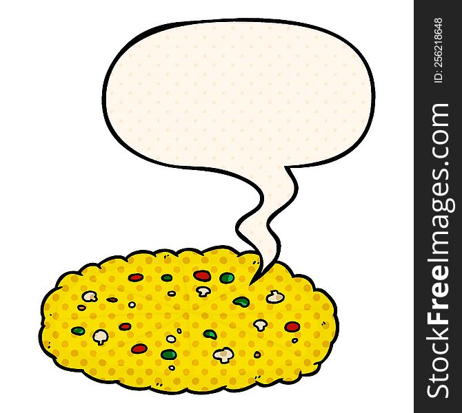 cartoon double cheese pizza with speech bubble in comic book style