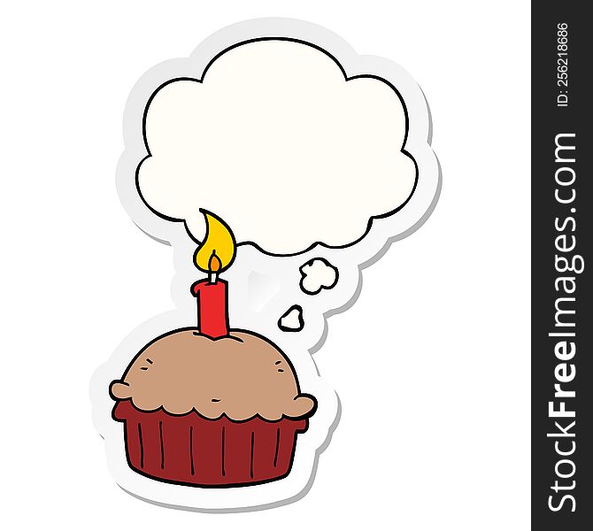 cartoon birthday cupcake with thought bubble as a printed sticker
