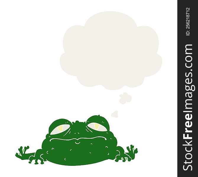 cartoon ugly frog with thought bubble in retro style
