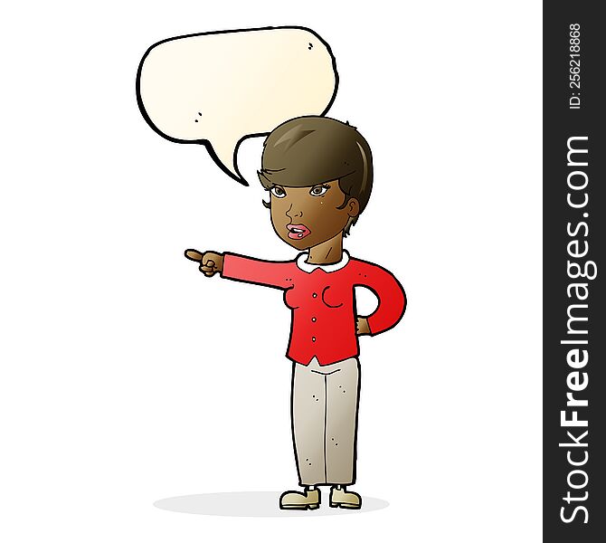 cartoon woman pointing finger of blame with speech bubble