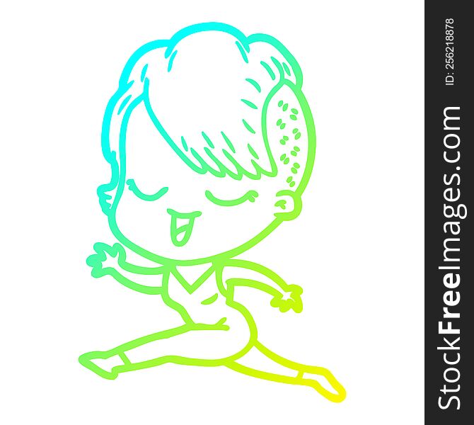 Cold Gradient Line Drawing Happy Cartoon Girl Running