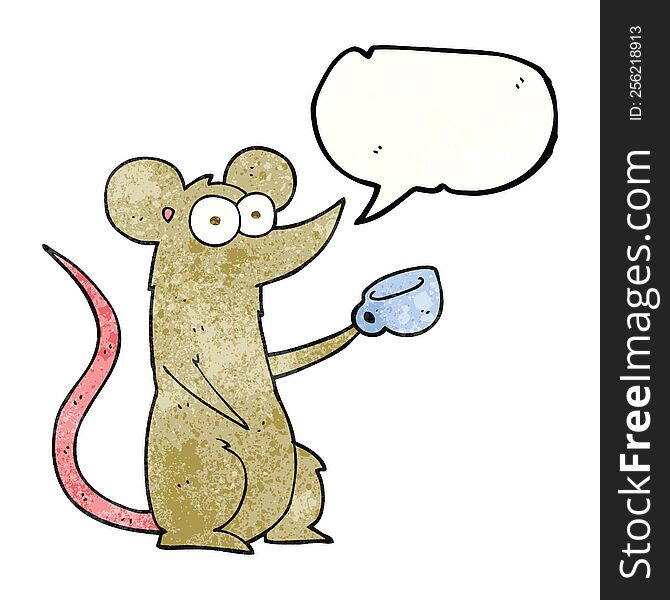 freehand speech bubble textured cartoon mouse with coffee cup