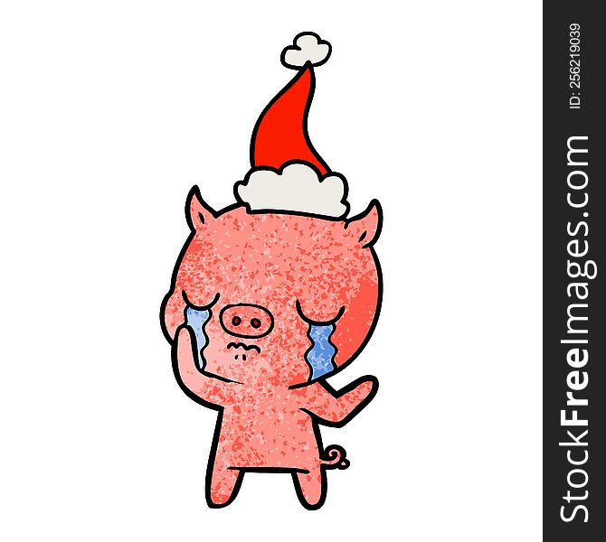 Textured Cartoon Of A Pig Crying Wearing Santa Hat