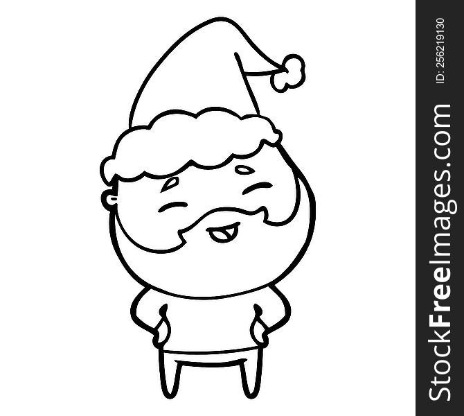 line drawing of a happy bearded man wearing santa hat