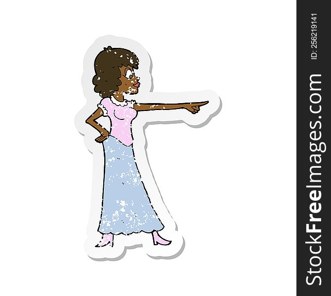 retro distressed sticker of a cartoon woman pointing finger