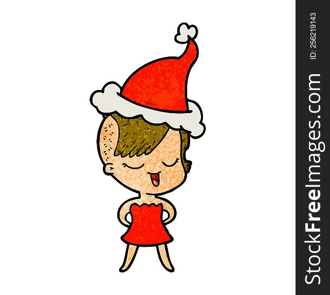 happy hand drawn textured cartoon of a girl in cocktail dress wearing santa hat