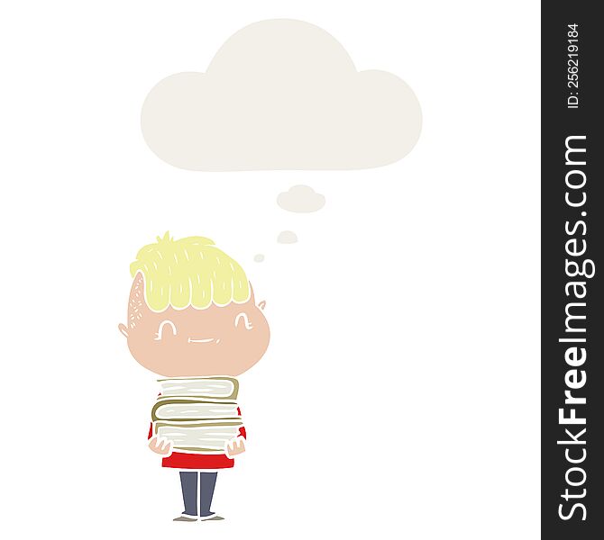 cartoon friendly boy with books with thought bubble in retro style