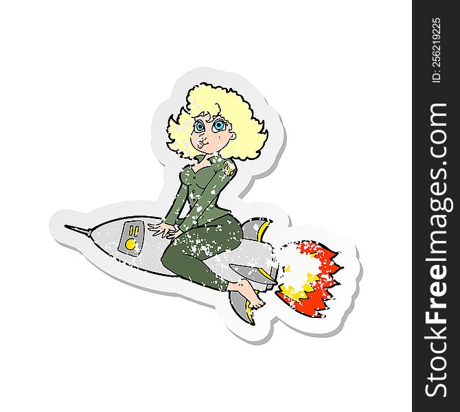 retro distressed sticker of a cartoon army pin up girl riding missile