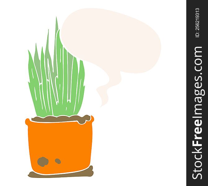 cartoon house plant with speech bubble in retro style