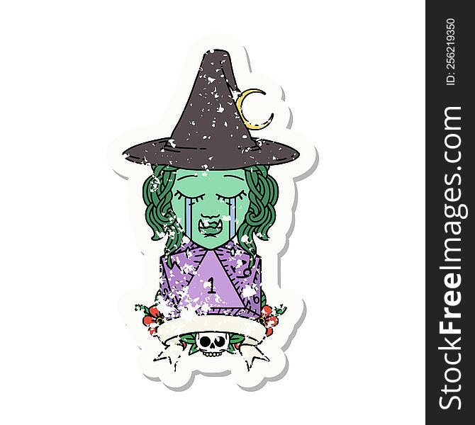 Retro Tattoo Style crying half orc witch character with natural one roll. Retro Tattoo Style crying half orc witch character with natural one roll