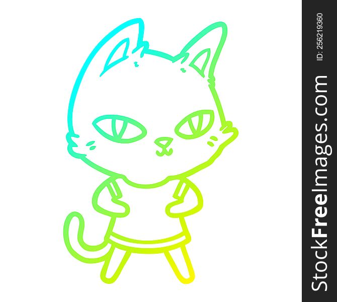 cold gradient line drawing of a cartoon cat staring
