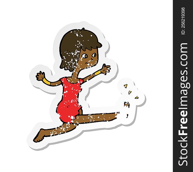 retro distressed sticker of a cartoon happy woman kicking