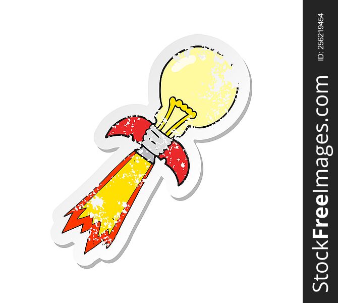 Retro Distressed Sticker Of A Cartoon Lightbulb Rocket Ship