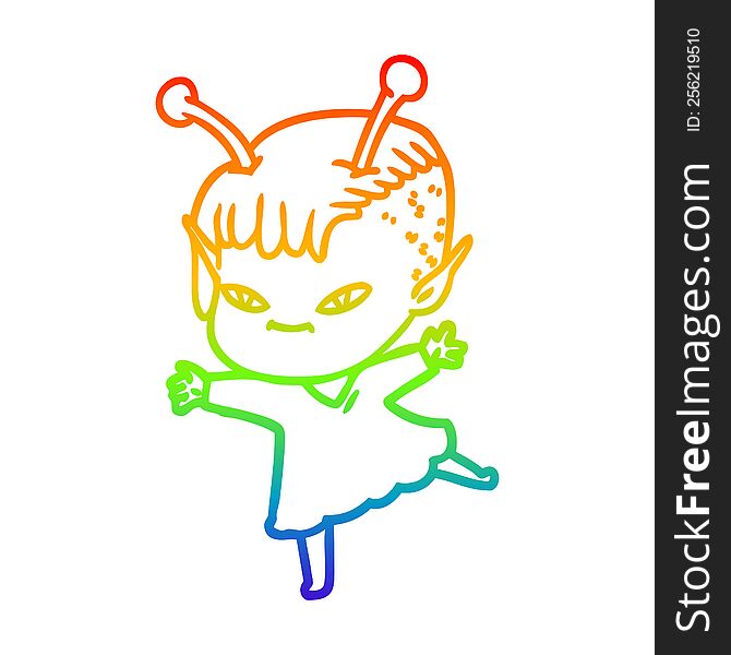 Rainbow Gradient Line Drawing Cute Cartoon Alien Girl