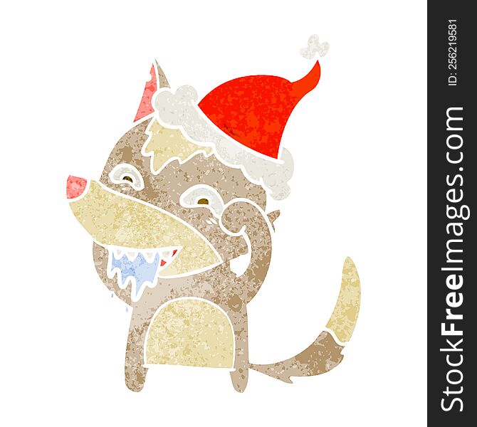 Retro Cartoon Of A Hungry Wolf Wearing Santa Hat
