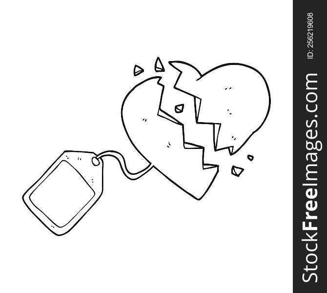 freehand drawn black and white cartoon luggage tag on broken heart