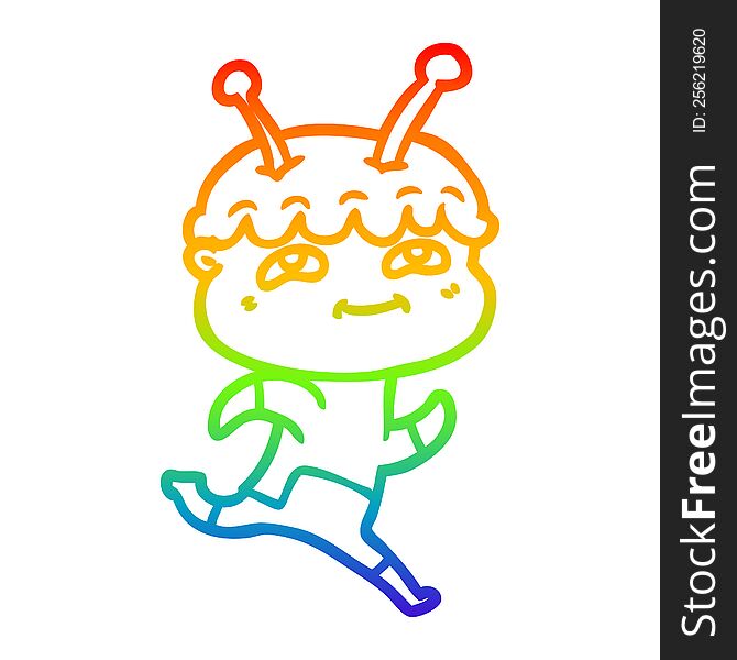 rainbow gradient line drawing of a friendly cartoon spaceman running