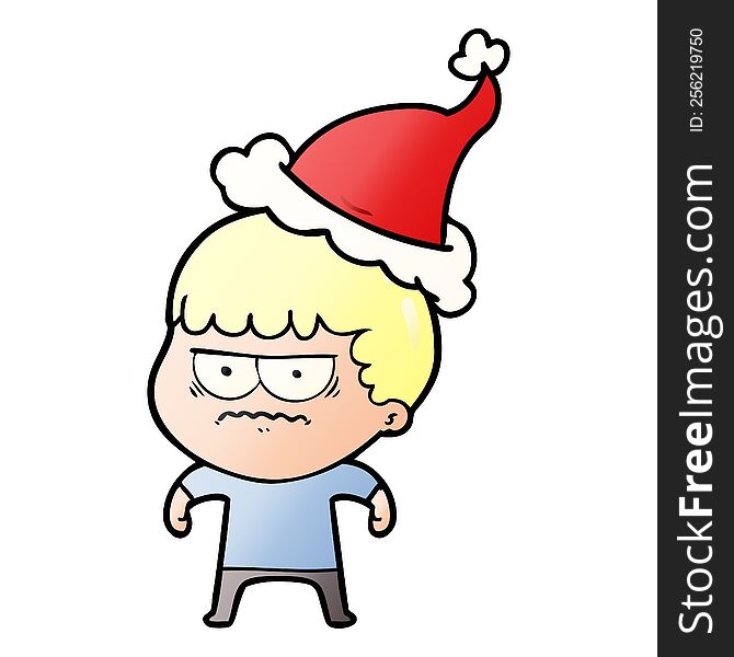 hand drawn gradient cartoon of a annoyed man wearing santa hat