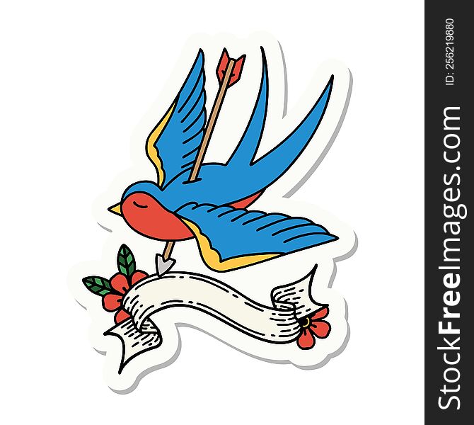 tattoo style sticker with banner of a swallow shot through with arrow