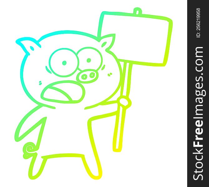 cold gradient line drawing of a cartoon pig protesting