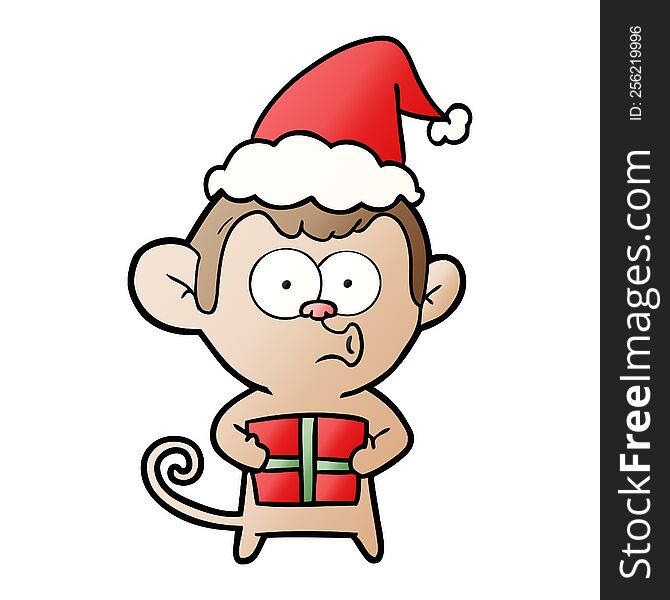 hand drawn gradient cartoon of a christmas monkey wearing santa hat