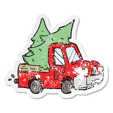 Distressed Sticker Of A Cartoon Pickup Truck Carrying Trees Stock Photo