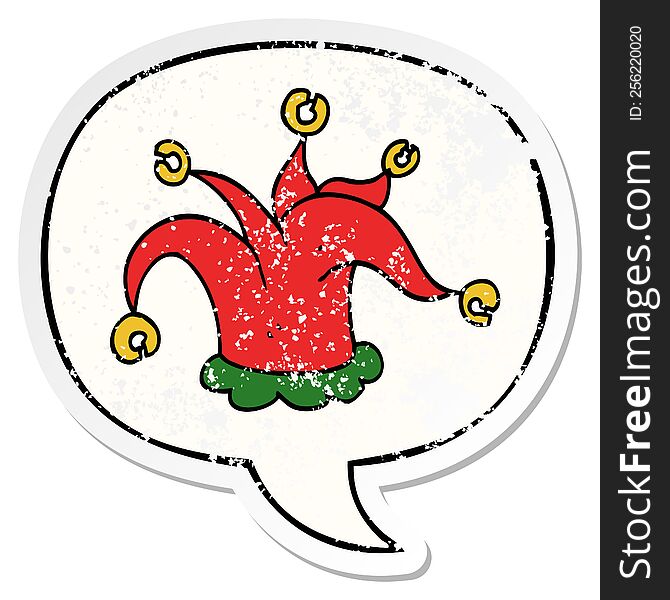 Cartoon Jester Hat And Speech Bubble Distressed Sticker