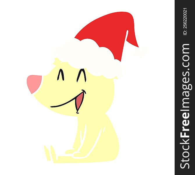 sitting bear hand drawn flat color illustration of a wearing santa hat. sitting bear hand drawn flat color illustration of a wearing santa hat