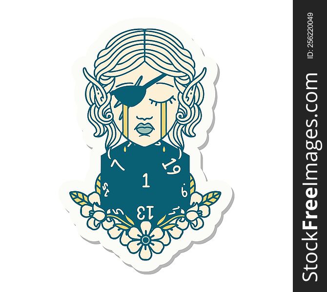 sticker of a crying elf rogue character face with natural one D20 roll. sticker of a crying elf rogue character face with natural one D20 roll