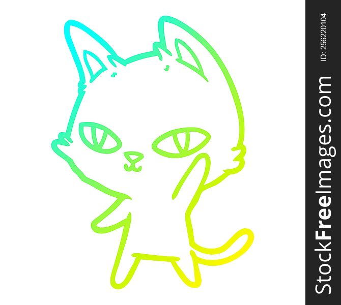 cold gradient line drawing of a cartoon cat waving