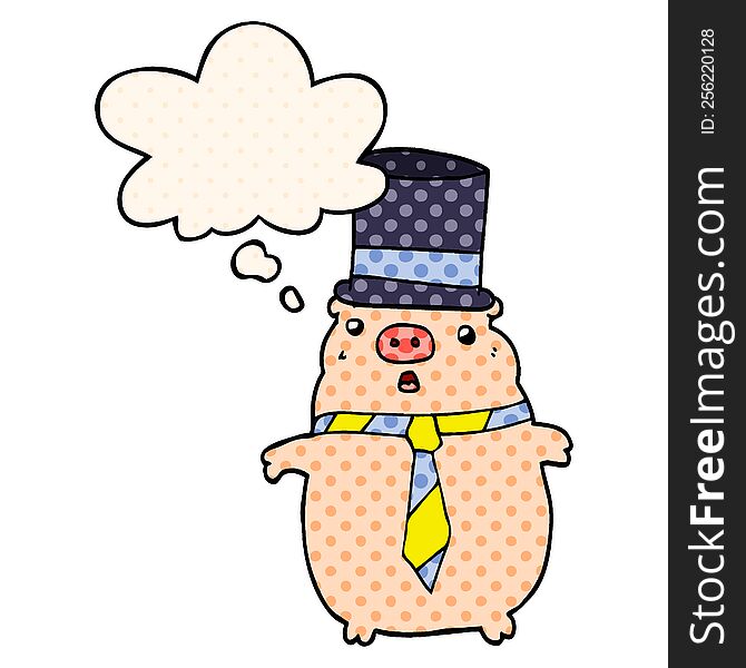 cartoon business pig with thought bubble in comic book style