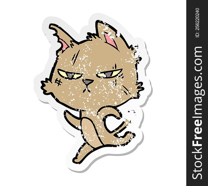 distressed sticker of a tough cartoon cat running