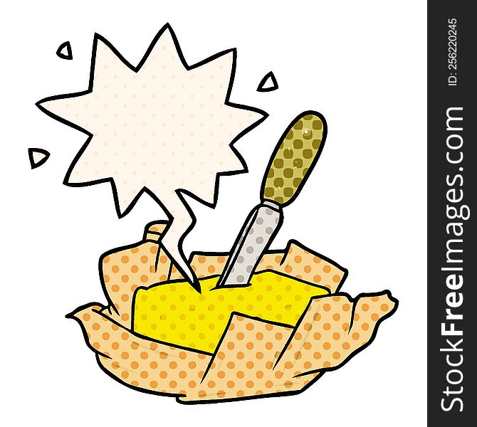 cartoon traditional pat of butter with knife with speech bubble in comic book style. cartoon traditional pat of butter with knife with speech bubble in comic book style