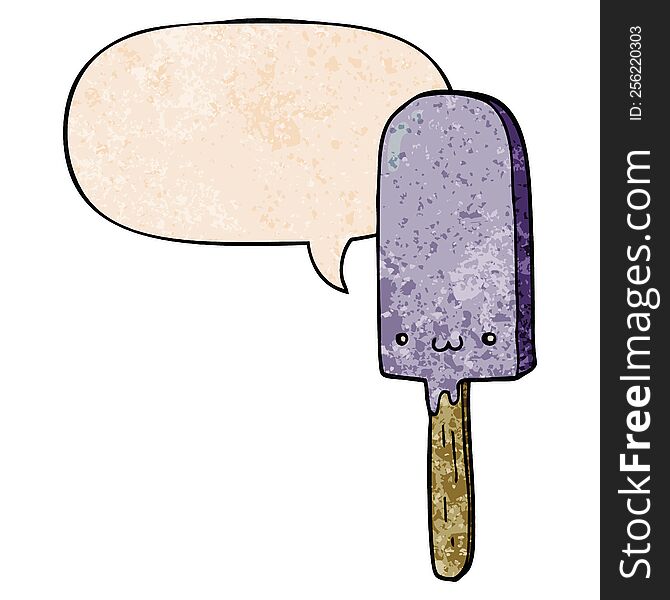 cartoon ice lolly with speech bubble in retro texture style