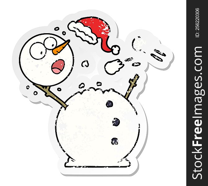 distressed sticker of a snowman in snowball fight