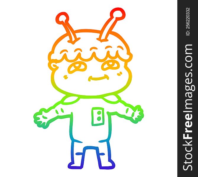 rainbow gradient line drawing of a friendly cartoon spaceman with open arms