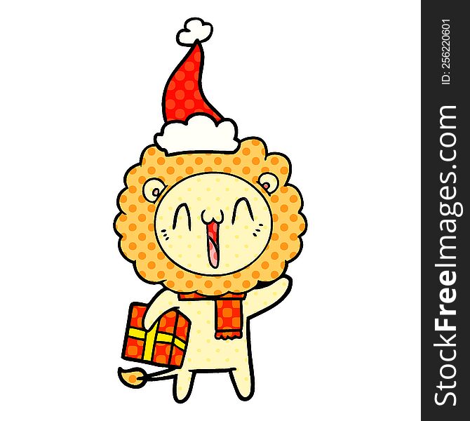 Happy Comic Book Style Illustration Of A Lion Wearing Santa Hat