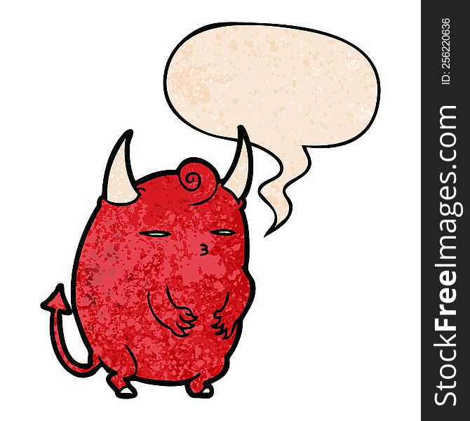 cartoon fat little halloween devil and speech bubble in retro texture style