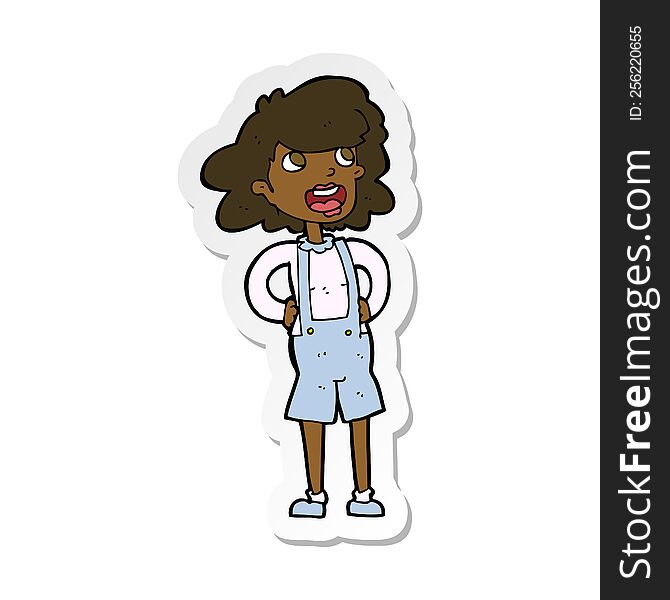 sticker of a cartoon woman in dungarees